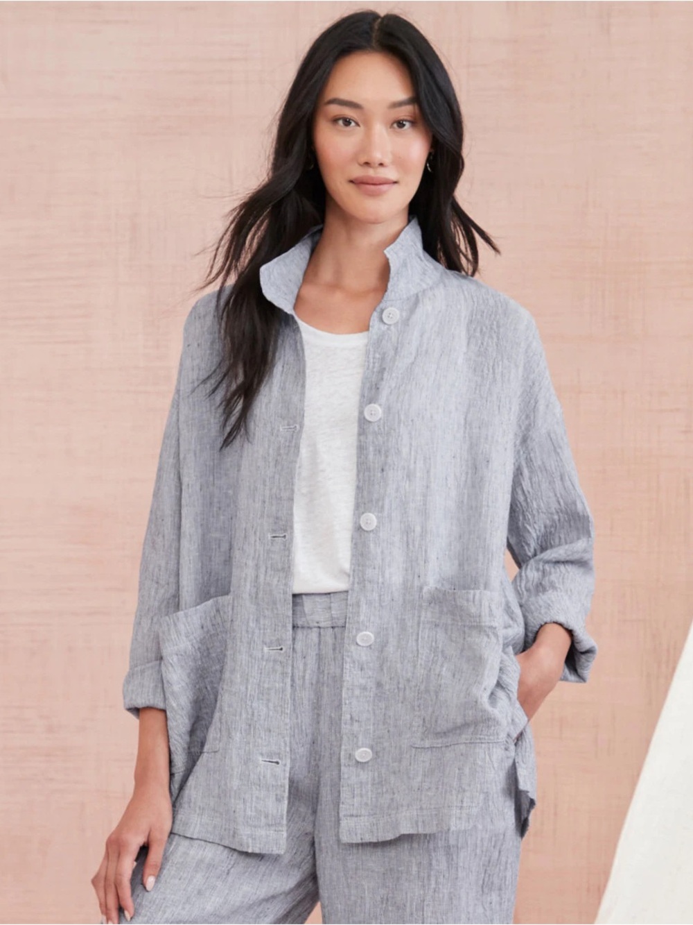 Eileen Fisher Lightweight Gray Textured Organic Linen Button Front Jacket Boxy